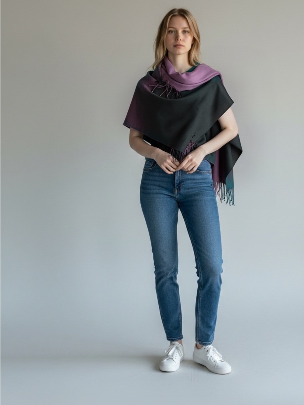 Reversible Purple and teal blue Fringe Wrap/ Scarf